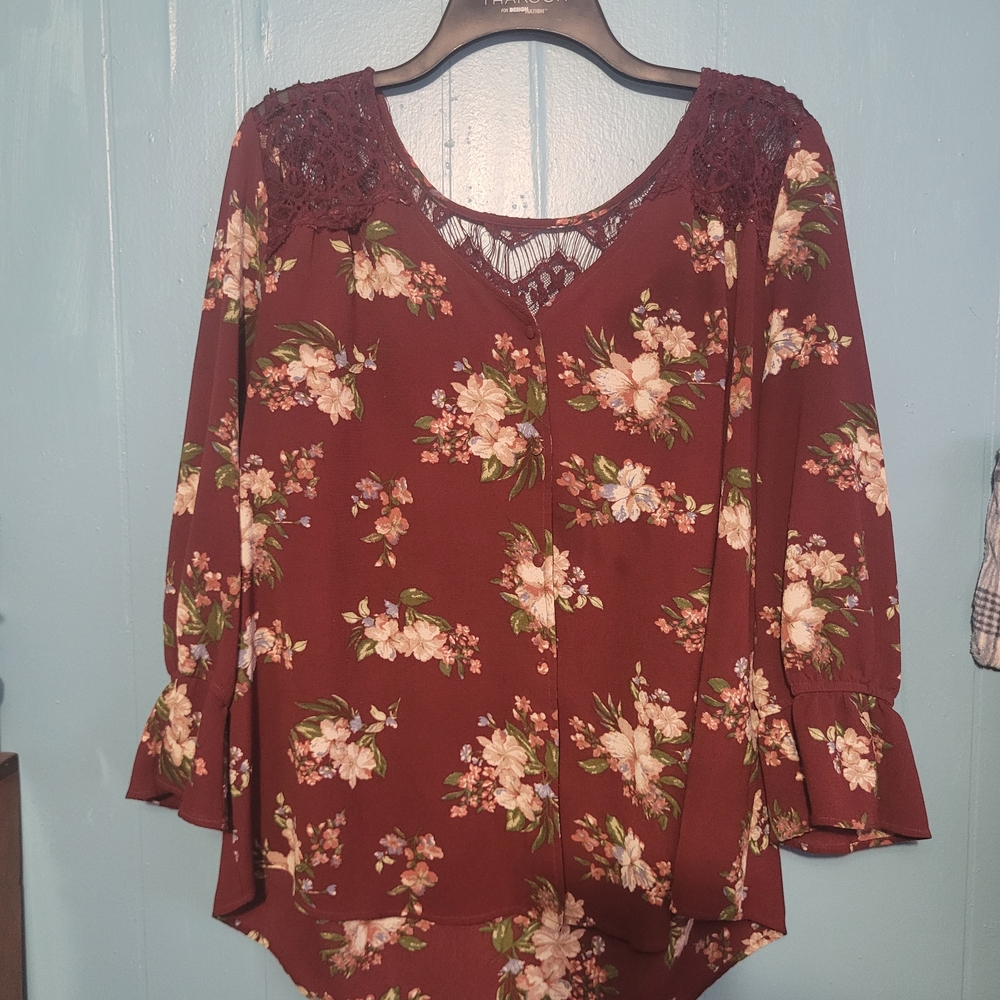 Blu Pepper Burgundy Floral Lace Yoke Blouse
